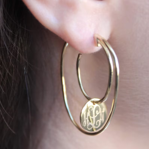 Engraved Disc Double Hoop Stainless Steel Monogram Earrings