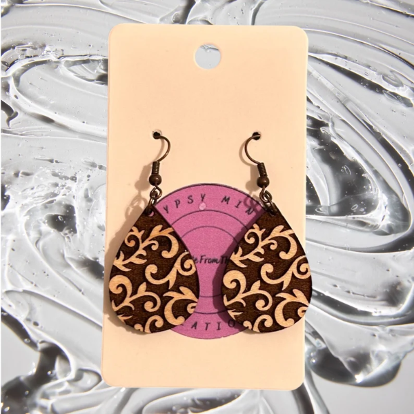 Engraved Flourish Teardrop Lightweight Wood Earrings