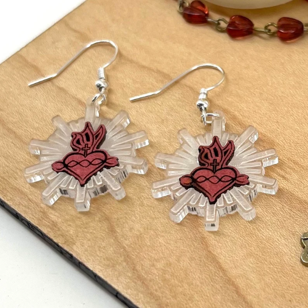 Sacred Heart of Jesus Earrings Dangle Drop Down Laser Etched Earrings